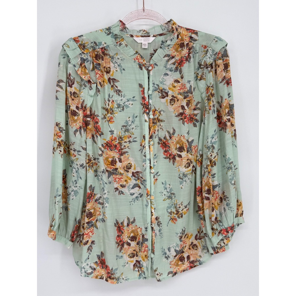 LC Lauren Conrad Sage Green Floral Ruffle Button Down Blouse Long Sleeve Sz XXL